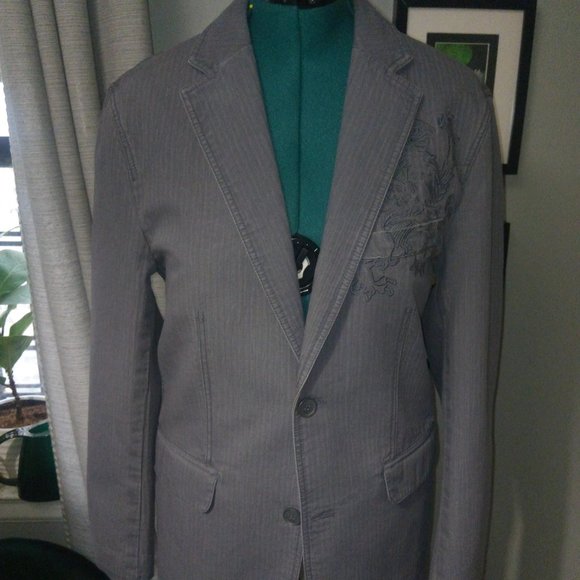 INC Grey Denim-Style Tonal Striped Blazer with Chest Embroidery Sz M NWT - Picture 1 of 16